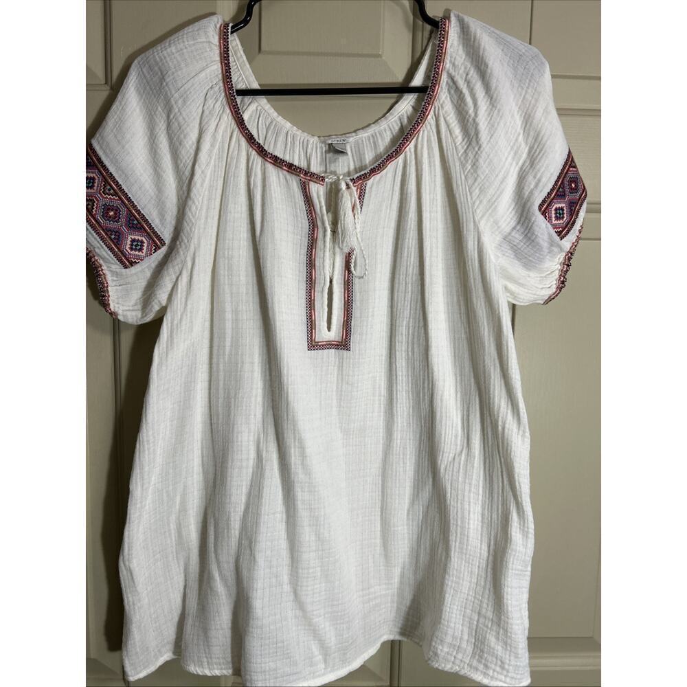 J. Crew Embroidered Gauze Peasant Tunic Top Cream Southwestern Boho Bohemian XS - Picture 2 of 5